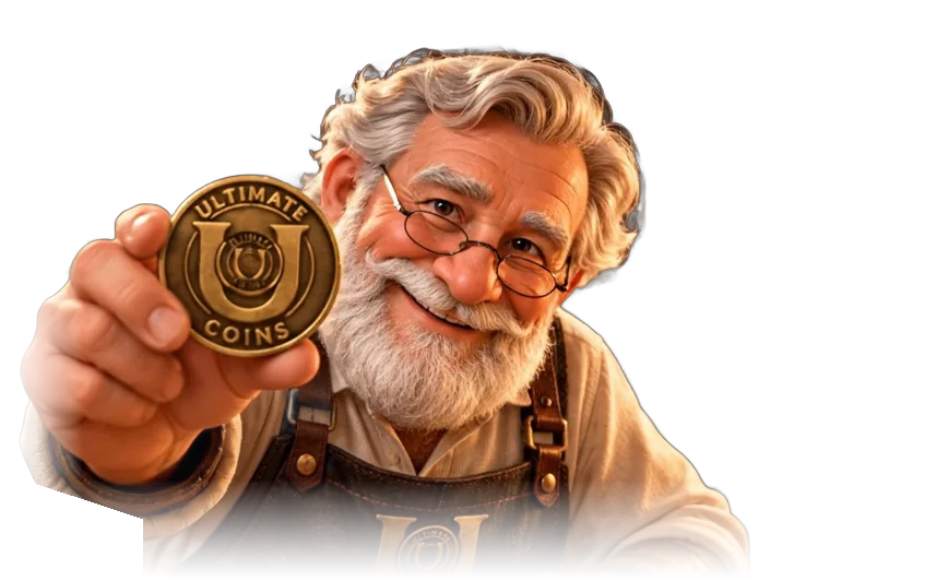 Frank Sterling, Master Craftsman, leaning out of a gilt frame to hold up a gold coin
